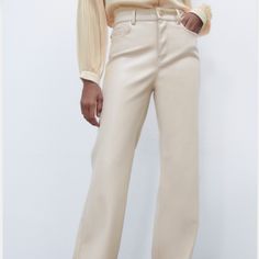 Zara Straight Leg Faux Leather Pants High Waisted Cream White Nwot Cream Wide-leg Pants With Belt Loops, High Waist Beige Belted Pants, Beige Straight Leg Belted Pants, Beige Belted Straight Leg Pants, Belted Straight Leg Beige Pants, High Waist Faux Leather Wide Leg Pants, Cream Straight Pants With Belt Loops, Chic High Waist Faux Leather Wide Leg Pants, Cream High-waisted Wide Leg Pants With Belt Loops