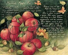 a drawing of apples in a basket with leaves and flowers