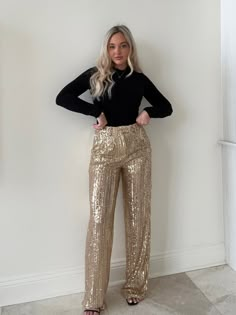 Casual Sparkle Outfit, Sparkle And Shine Outfit, Champagne Sequin Pants Outfit, Sequin Pants Outfit Plus Size, Cheap Forever 21 Party Bottoms, Vegas New Years Eve Outfit, Shimmer Pants Outfit, Christmas Work Party Outfit Classy, Fall Party Outfit Night