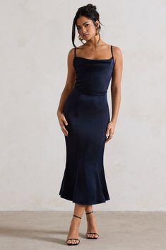 Just A Moment | Navy Satin Cowl-Neck Midi Dress With Tie Waist Diana Style, Robes D'occasion, Velvet Prom Dress, Club L London, Red Chiffon, Strappy Stilettos, Midi Dress Style, Chiffon Mini Dress, Black Tie Gala