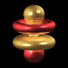 a golden sphere sitting on top of a red and gold object in the middle of a black background