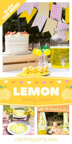 lemon party ideas with yellow and pink decorations, lemons and cake on the table