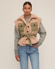 Frankie Sherpa Twill Vest | MARISSA WEBB Sherpa Vest, Marissa Webb, Canvas Jacket, Sash Belts, Sash Belt, Layering Pieces, Outerwear Jackets, Drop Shoulder, Cotton Canvas