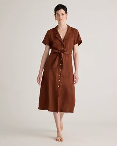 100% European Linen Button Front Dress Midi Linen Dress, Brown Midi Dress, Style Moodboard, 2024 Style, Travel Dress, Sophisticated Dress, Wide Leg Linen Pants, Button Front Dress, European Linens