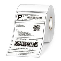 a roll of shipping labels on a white background