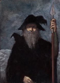 a painting of an old man with a long beard holding a large stick and wearing a black hat