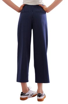 A pinstripe pattern and ankle-grazing straight legs offer timeless style in these straight-leg pants crafted with plenty of stretch to keep you moving. 25 1/2" inseam; 21" leg opening; 12" front rise; 14" back rise (size 8) Hidden side-zip closure Back welt pockets 64% polyester, 35% viscose, 1% elastane Machine wash, line dry Imported Pinstripe Wide Leg Bottoms For Business Casual, Tailored Striped Straight Leg Dress Pants, Tailored Striped Dress Pants With Straight Leg, Tailored Tapered Leg Bottoms With Vertical Stripes, Pinstripe Bottoms For Spring Workwear, Spring Pinstripe Bottoms For Workwear, Pinstripe Straight Leg Bottoms For Business Casual, Pinstripe Straight Leg Business Casual Bottoms, Tailored Striped Tapered Leg Bottoms