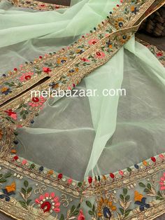 Green georgette dupatta with colorful embroidered border. Georgette Dupatta, Embroidered Border, Dublin, Scarf Wrap, Light Green, Scarf Accessory, Art Collection, Gift Card, Bathing Beauties