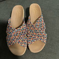 2” Wedge Heel, Cork Luxe Foam Insole For Comfort Rubber Sole Multi Color Rope Weave Slip On Never Worn Multicolor Slip-on Sandals With Textured Footbed, Multicolor Textured Slip-on Sandals, Casual Multicolor Sandals With Woven Sole, Multicolor Wedge Heel Sandals For Vacation, Summer Slip-on Wedge Sandals With Removable Insole, Casual Multicolor Wedge Sandals With Round Toe, Multicolor Summer Sandals With Woven Sole, Casual Multicolor Round Toe Wedge Sandals, Multicolor Platform Wedge Sandals For Beach