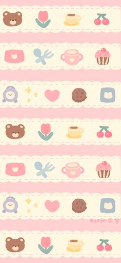 a pink and white striped wallpaper with different types of food on it's sides