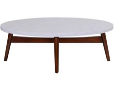 a white marble top coffee table with wooden legs