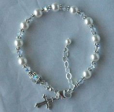 First Communion -  Swarovski Crystal Pearl and  Sterling Silver Rosary Bracelet - Children,  Confirm Confirmation Jewelry, Silver Rosary, Flower Girl Bracelets, Pearl Bride, Pearl Rosary, 1st Communion, Bridesmaid Pearls, Bali Silver, Rosary Bracelet