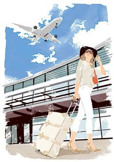 a woman is walking with her luggage and an airplane in the sky