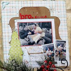 a scrapbook page with christmas pictures and decorations on it, including an ornament