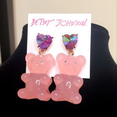 Betsey Johnson Pink Gummy Bear Heart Earrings Measures Approximately 3” Long Width: 0.5" Material: Resin, Metal, Rhinestone Unicorn Earrings, Beautiful Crafts, Bee Studs, Nostalgic Images, Betsey Johnson Earrings, Red Jewel, Saved Pins, Flower Skull, Gummy Bear