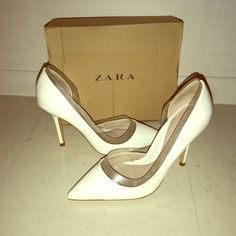 Super Fashionable White & Clear Heels Never Worn Really Comfy Can Fit 7.5/8 Chic White Court Shoes With 4-inch Heel, White Ankle Strap Heels For Office, White Pointed Toe Feminine Heels, White Feminine Pointed Toe Heels, Feminine White Pointed Toe Heels, Chic White Court Shoes For Evening, Chic White Evening Court Shoes, Chic White Pointed Toe Heels, Chic White Court Shoes With Sculpted Heel