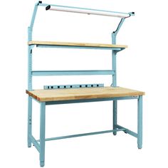 a blue workbench with a wooden top and metal frame on the bottom shelf