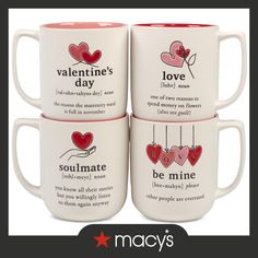 three coffee mugs with hearts hanging from the handles and saying valentine's day