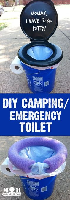 a blue trash can sitting on top of a sidewalk next to a sign that says diy camping / emergency toilet