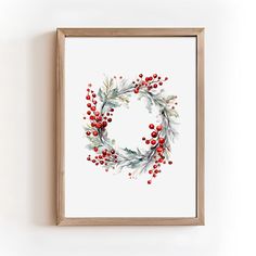 a watercolor painting of a wreath with red berries and green leaves hanging on a wall