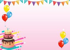 a birthday cake with balloons and streamers in the air on a pink background that says happy birthday