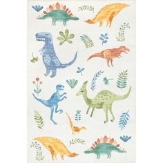 a rug with dinosaurs and plants on it