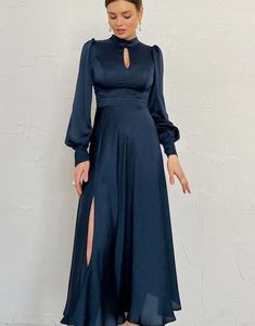 Wenkouban Eyelet Elegant Evening Party Satin Dress Ladies Navy Lantern Elegant Evening Dresses, Midi Party Dress, Office Dresses For Women, Keyhole Dress, Long Bridesmaid Dress, Dress Spring, Evening Dresses Elegant, Sleeve Women, Women Midi