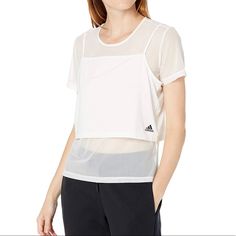 Adidas Women's Power 2 In 1 Tee White Sports Top Size Small Everybody Loves Choices. Spin Class Or Yoga? Pilates Or Running? This Adidas Power Two-In-One Tee Gives You Lots Of Options For Today's Workout. Wear The Mesh T-Shirt Layered Over A Sports Bra. Wear Just The Cropped Tank Top. Or Wear The Two Together. Whatever You Choose, The Moisture-Managing Fabric Keeps You Feeling Dry, Comfortable And On Top Of Your Game. Regular Fit Outer Tank Top Over Inner T-Shirt Moisture-Absorbing Aeroready White Mesh Casual T-shirt, Adidas Short Sleeve Training Tops, Casual Mesh Crew Neck Tops, Functional White Mesh Top, Adidas Casual Tops For Training, Functional White T-shirt For Summer, Adidas Athletic Fit Athleisure Tops, Adidas Athleisure Tops With Athletic Fit, Adidas Athleisure Tops Athletic Fit