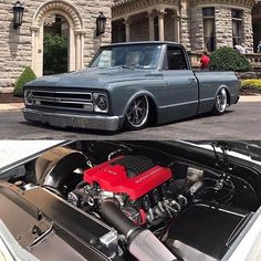 an old truck with a red engine in front of it and another photo of the same car