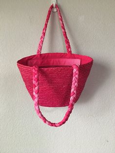 Hot pink straw tote bag Zipper distressed pink closure Distressed pink lining 1 zipper pocket 100% wheat braid Braided fabric handle Condition - like brand new Size - 20 W, 11 H, 6 Depth Being wheat braided, this bag can't be fold for shipping to keep its original shape. Braided Fabric, Crochet Pieces, Straw Tote Bag, Pink Beach, Straw Tote, Large Tote Bag, Beautiful Summer, Large Tote, Hand Bag