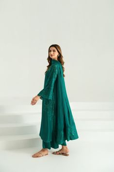 Nashi Luxury Naqshi Chanderi Dress, Long Kameez, Cut Work, Bridal Designs, Wedding Wear, Raw Silk, Wedding Season, Emerald Green, Embellishments