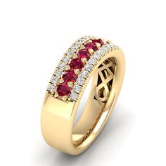 This stunning wedding ring features vibrant red diamonds set in elegant gold, creating a timeless and luxurious piece of jewelry that symbolizes love and commitment. The striking contrast between the deep red diamonds and the bright gold makes this ring a unique and eye-catching choice for any bride or groom. Metal: 14K Gold Setting Type: Prong Rhodium Finish: Yes, on White Gold Gemstone Details: Gemstone: Ruby Shape: Round Average Dimensions: 2.50 MM Quantity: 07 Average Cut: Very Good Average Luxury Red Diamond Ring With Accent Stones, Red Diamond Ring With Accents In Fine Jewelry Style, Red Diamond Ring With Pave Setting For Anniversary, Red Ruby Ring With Diamond And Pave Setting, Red Diamond Ring With Diamond Accents, Fine Jewelry Red Diamond Ring With Accents, Classic Red Diamond Ring With Pave Setting, Red Diamond Ring With Accents, Round Cut, Fine Jewelry Red Diamond Ring With Pave Setting