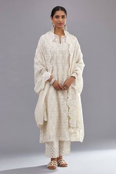 Buy Off White Kurta And Dupatta Floral & Sequins Straight Pant Set For Women by KORA Online at Aza Fashions. Kurta And Dupatta, White Kurta, Sequin Appliques, Straight Kurta, Kurta With Pants, White Silk, Pant Set, Cotton Pants, Drawstring Pants