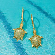 Ross-Simons - Jade Turtle Drop Earrings in 18kt Gold Over Sterling. Accessorize with your favorite animal! Our adorable turtle drop earrings boast 11x9.5mm pear-shaped jade cabochon shells, brought to life with 18kt yellow gold over sterling silver details. Hanging length is 1 3/8". Leverback, jade turtle drop earrings. Turtle Ring, Turtle Bracelet, Turtle Earrings, Turtle Necklace, Turtle Pendant, Synthetic Opal, Favorite Animal, Black Enamel, Black Onyx