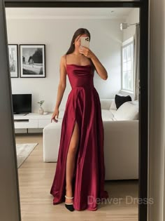 A-Line Spaghetti Straps Floor-Length Silk like Satin Prom Dresses For Black girls With Leg Slit Red Long Prom Dresses, Prom Dresses Satin, Prom Dress Pictures, Prom Dress Inspo, Spaghetti Strap Prom Dress, Dresses Satin, Stunning Prom Dresses, Corset Dress Prom, Prom Dress Ideas