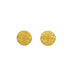 Pair of beautiful eighteen karat yellow gold earrings pave set with 74 fancy intense yellow diamonds totaling 0.64 carat. 74 fancy intense natural color yellow diamonds, 0.64 carat 18 karat yellow gold 10mm in diameter 18 karat monster backs Yellow 14k Gold Fine Jewelry Earrings, Yellow Diamond Earrings In Fine Jewelry Style, Fine Jewelry Yellow Diamond Earrings, Yellow Diamond Earrings With Diamond Accents, Luxury Yellow Diamond Round Earrings, Brilliant Cut Yellow Cubic Zirconia Earrings, Yellow 14k Gold Fine Earrings, Yellow Brilliant Cut Cubic Zirconia Earrings, Luxury Yellow Round Diamond Earrings