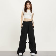 5ft 4''(166cm) tall, 95 lbs(43kg) weight and wearing a size S - BLACK- Wide baggy fit High Waist Baggy Hip Hop Sweatpants, Baggy High Waist Hip Hop Sweatpants, Solid Color Wide Leg Hip Hop Pants, Black Wide Leg Pants For Streetwear, Solid Color Wide Leg Sweatpants For Streetwear, Sporty Oversized Solid Color Pants, Sporty Oversized Pants, Solid Color High-waisted Pants For Streetwear, Hip Hop Style Oversized Wide Leg Pants