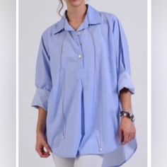 Linen Popover Blouse In Soft Linen Feels Like Cotton Sheeting. In Classic Blue Like Model Photo! (The Flash On Actual Shirt Didn’t Pick Up The Color!) 3/4 Sleeves. Shirt Tail Hem With Hi /Low Length. Tag On, Never Worn. Pit To Pit 23” Shoulder To Hem 27” Back Hem31” Blue Office Tops With Shirttail Hem, Blue Tops With Shirttail Hem For Spring, Blue Shirttail Hem Top For Spring, Chic Blue Blouse With Shirttail Hem, Spring Office Tops With Roll-up Sleeves, Chic Spring Tops With Roll-up Sleeves, Trendy Blue Blouse With Shirttail Hem, Elegant Blue Tops With Shirttail Hem, Casual 3/4 Sleeve Tops For Office