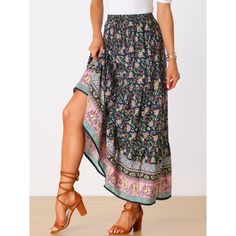 This floral printed skirt makes a great vacation choice. Women's boho vintage print maxi skirt, a must-have skirt and a good skirt gift idea for Spring, Summer, and Fall. Regular fit, just enjoy your leisure time with ease. Team with flat sandals and a relaxed shirt or peasant top. Pair it with sandals or heels for a perfect look. Bohemian Printed Bottoms For Beach Season, Bohemian Floral Print Beach Bottoms, Patterned Printed Beach Skirt, Printed Patterned Beach Skirt, Bohemian Floral Beach Bottoms, Bohemian Floral Print Bottoms For Beach Season, Bohemian Floral Print Bottoms For Vacation, Hippie Floral Print Maxi Skirt For Vacation, Hippie Floral Print Maxi Skirt For The Beach