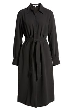 This woven shirtdress is rendered in a relaxed fit and boasts smart everyday details like a spread collar, a tonal tie belt and a subtly flared skirt for extra movement. 45" length (size Medium) Front button closure Spread collar Long sleeves with two-button cuffs Removable tie belt Unlined 100% polyester Machine wash, line dry Imported Elegant Fall Shirt Dress With Tie Waist, Elegant Tie Waist Shirt Dress For Fall, Elegant Shirt Dress With Tie Waist For Fall, Classic Belted Shirt Dress For Semi-formal Occasions, Workwear Shirt Dress With Placket, Chic Collared Shirt Dress For Business, Chic Shirt Dress With Placket For Work, Belted Long Sleeve Dress For Work, Belted Long Sleeve Dress With Tie Waist For Work