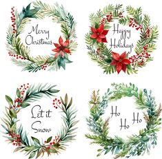 watercolor christmas wreaths with holly and poinsetti