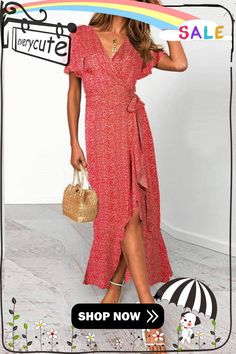 Floral Ruffles Print Wrap Maxi Dress Summer Party Chiffon Wrap Dress, Casual Ruffled Midi Dress For Party, Casual Midi Dress With Ruffle Hem For Party, Casual Party Midi Dress With Ruffle Hem, Casual Party Midi Dress With Ruffles, Spring Vacation Midi Dress With Ruffled Skirt, Summer Chiffon Maxi Dress With Ruffled Skirt, Summer Vacation Midi Dress With Ruffled Skirt, Summer Midi Dress With Ruffled Skirt For Vacation