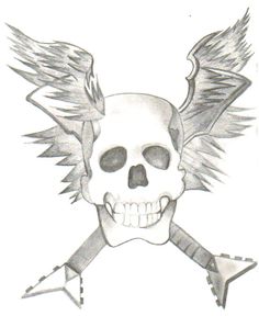 a drawing of a skull with wings on it's head and an arrow in the middle