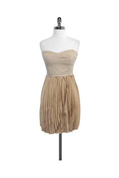 Current Boutique-BCBG Max Azria - Angel Strapless Pleated Skirt Dress Sz 10 Strapless Pre-draped Dress With Folds, Pleated Mini Length Dresses For Dress Down Occasions, Spring Pre-draped Mini Dress For Night Out, Spring Pleated Pre-draped Midi Dress, Strapless Party Dress With Pleated Waist, Summer Pleated Strapless Mini Dress, Fitted Beige Pleated Midi Dress, Spring Pre-draped Strapless Dress For Party, Fitted Pleated Strapless Mini Dress