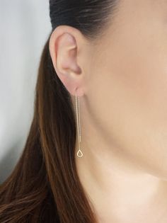 14K 9K Gold Teardrop Threader Earrings, Solid Gold Minimalist Earrings, Dainty Teardrop Threaders, Long Chain Drop Earrings, Edgy Ear Thread, Pull through chain earrings. Gift for her, FREE EXPRESS SHIPPING Dainty and minimalist 14K or 9K Solid gold threader earrings with a small teardrop. A lovely, versatile pair of earrings/earring that you will love wearing all day, everyday! Whisper...I love Geometry! :) ------------------------------------------- D E T A I L S 14K Solid Gold or 9K Solid Gol Minimalist Hypoallergenic Drop Earrings For Everyday, Gold Teardrop Threader Pierced Earrings, Minimalist Yellow Gold Teardrop Earrings, Tarnish Resistant, Minimalist Tarnish Resistant Teardrop Earrings In Yellow Gold, Minimalist Yellow Gold Teardrop Earrings, Gold Teardrop Threader Earrings, Everyday 14k Gold Teardrop Linear Earrings, Minimalist Long Drop Hypoallergenic Earrings, Minimalist Hypoallergenic Long Drop Earrings