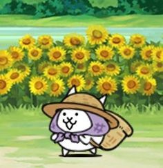 a cartoon character holding a baseball bat in front of a field of sunflowers