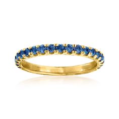 Ross-Simons - .75 ct. t. w. Sapphire Ring in 18kt Gold Over Sterling. Size 9. This ring is the perfect gift for a September birthday - or any birthday! Featuring .75 ct. t. w. sapphire rounds that sparkle in polished 18kt yellow gold over sterling silver. 1/16" wide. Sapphire ring. Sapphire birthstones are the perfect gift for September birthdays. Fine Jewelry Sapphire Ring With Vs Clarity For Anniversary, Yellow Gold Eternity Band With Birthstone For Anniversary, Yellow Gold Sapphire Ring With Vs Clarity Round Cut, Yellow Gold Sapphire Stackable Ring For Anniversary, Yellow Gold Sapphire Ring With Vs Clarity, Yellow Gold Sapphire Ring For Anniversary, Blue Sapphire Wedding Band, Jewelry Presentation, Opal Drop Earrings