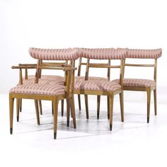 three chairs with pink and white striped upholstered backrests, set of four