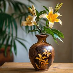 a vase with flowers in it sitting on a table next to a potted plant