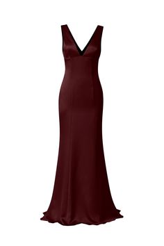 Style reigns in this empire-bodice gown, which accentuates the back with a deep V that mirrors the front. The fluid satin fabric holds structure at the top and drapes gorgeously to the ground. Shown in Jade. Dress Long Sleeve Formal, Black And Maroon Dress, Satin Maxi Dress With Back Opening For Evening, Formal Satin Maxi Dress With Satin Lining, Wedding Evening Dress In Satin With Bias Cut, Silk Bias Cut Prom Gown, Evening Satin Ball Gown Maxi Dress, Sleeveless Satin Gala Evening Dress, Elegant Silk V-neck Gown